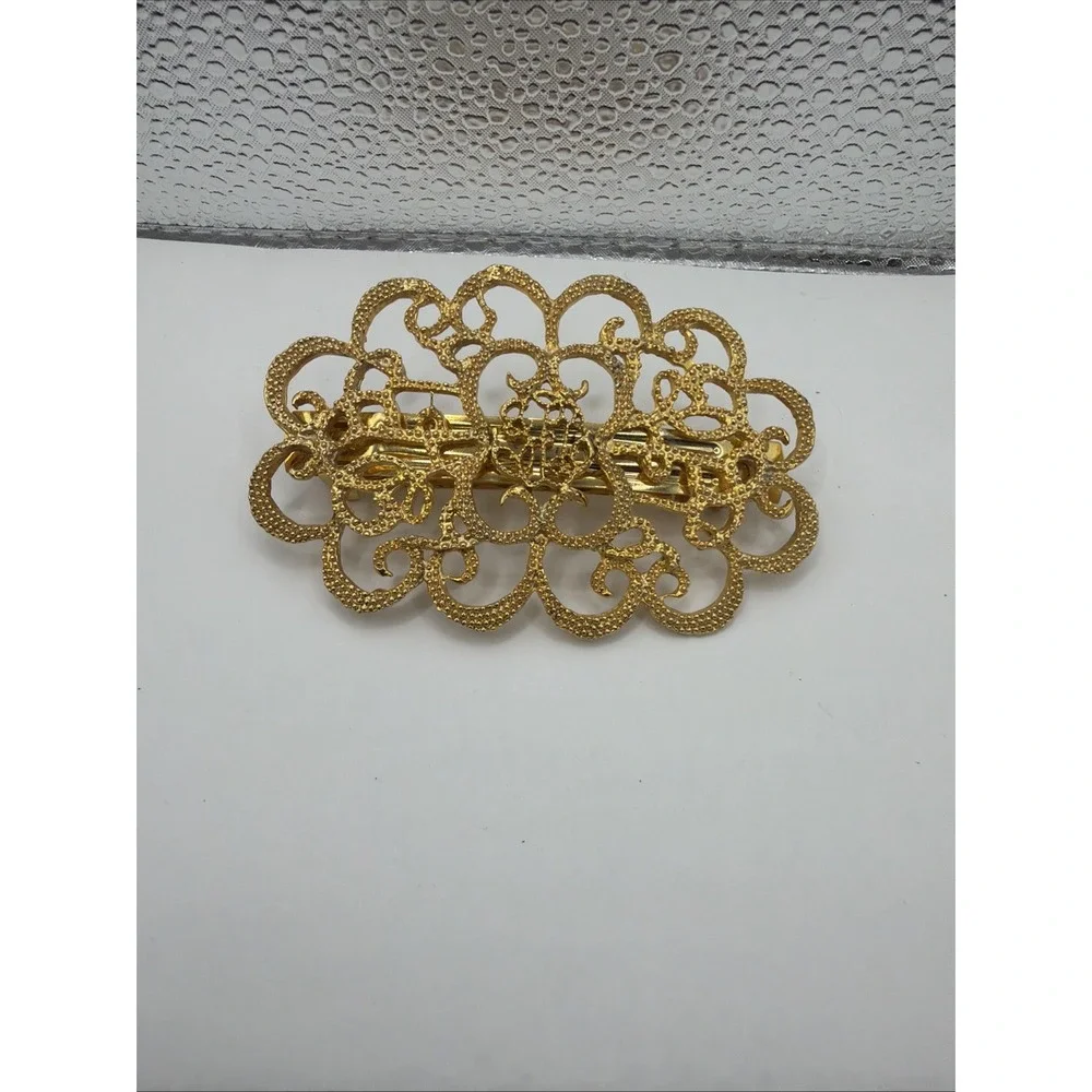 Vintage Gold Tone Filigree Barrette Hair Clip Scrollwork Design Ornate Textured